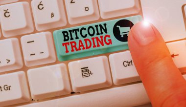Bitcoin ticaretini gösteren kavramsal el yazısı. Borsada kripto para alım ve satımının iş fotoğrafı metni.