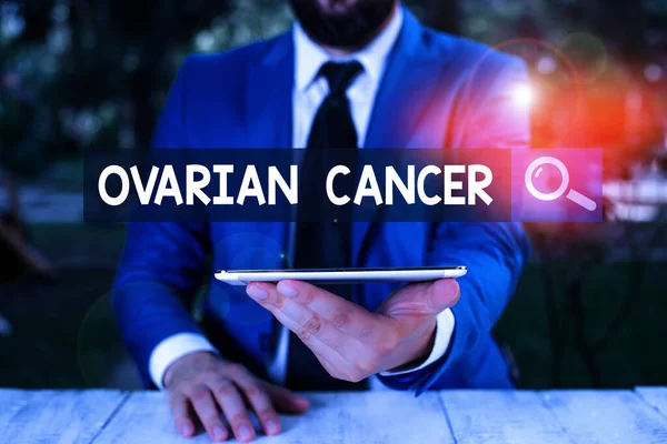 Text sign showing Ovarian Cancer. Conceptual photo any cancerous growth that forms in the tissues of the ovary Businessman with mobile phone in his hand.