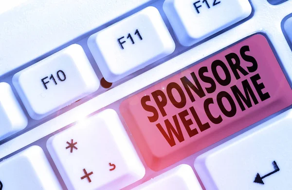 Conceptual hand writing showing Sponsors Welcome. Business photo showcasing greet advertiser that supports a business or individual. — Stock Photo, Image