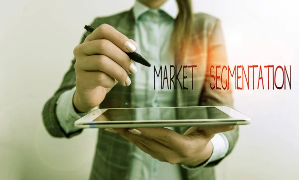 Word writing text Market Segmentation. Business concept for dividing a market of potential customers into groups Business woman pointing in empty space with pen and mobile phone. — Stock Photo, Image