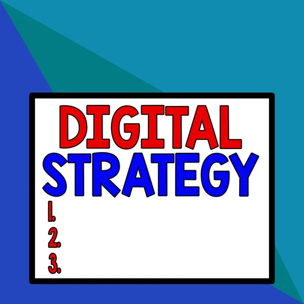 Text sign showing Digital Strategy. Conceptual photo plan for maximizing the business benefits of data assets Front close up view big blank rectangle abstract geometrical background.