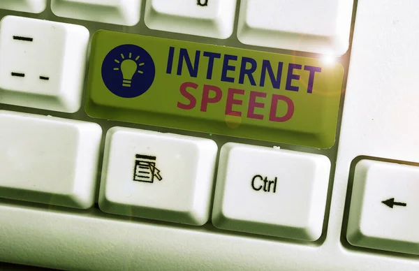 Conceptual hand writing showing Internet Speed. Business photo showcasing the rate which internet connection is able to move or operate. — Stockfoto