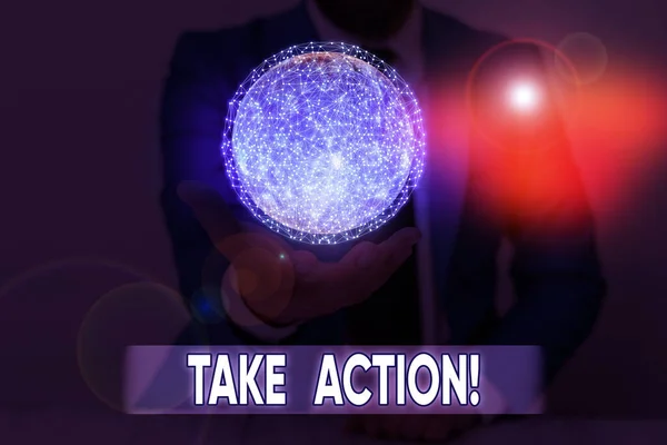 Writing note showing Take Action. Business photo showcasing do something official or concerted to achieve aim with problem Elements of this image furnished by NASA.