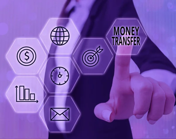 Text sign showing Money Transfer. Conceptual photo The act of transferring money from one place to another place.