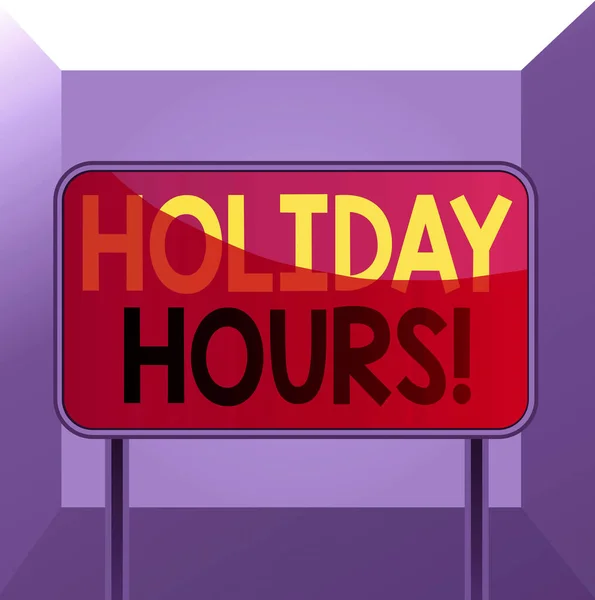 Conceptual hand writing showing Holiday Hours. Business photo showcasing Overtime work on for employees under flexible work schedules Metallic pole empty panel plank colorful backgound attached. — Stock Photo, Image