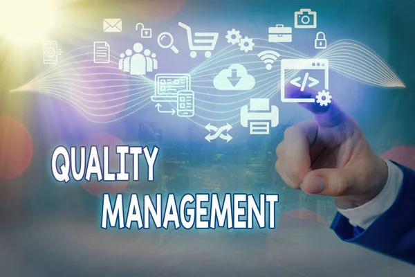 Conceptual hand writing showing Quality Management. Business photo text Maintain Excellence Level High Standard Product Services. — Stock Photo, Image