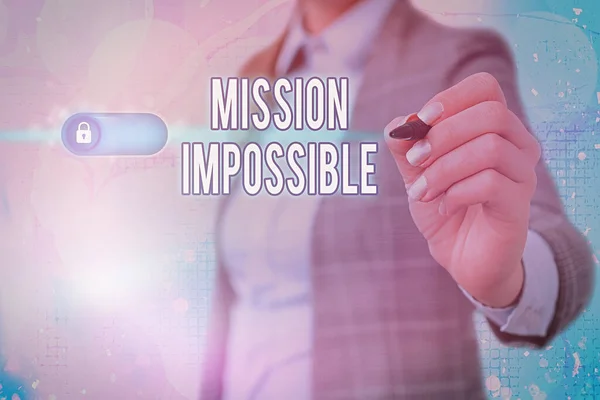 Writing note showing Mission Impossible. Business photo showcasing Difficult Dangerous Assignment Isolated Unimaginable Task. — Stock Photo, Image