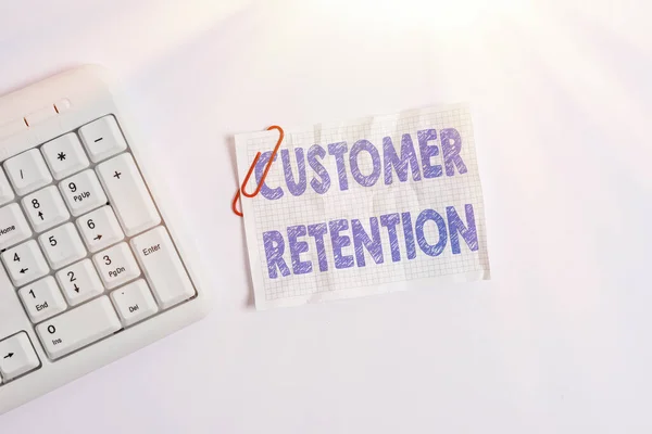 Writing note showing Customer Retention. Business photo showcasing Keeping loyal customers Retain many as possible White pc keyboard with empty note paper above white background.