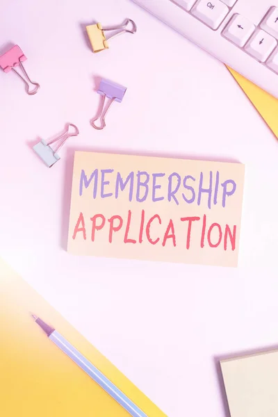 Conceptual hand writing showing Membership Application. Business photo showcasing Gateway to any organization to check if Eligible Flat lay with pc keyboard and copy space for text messages. — Stock Photo, Image