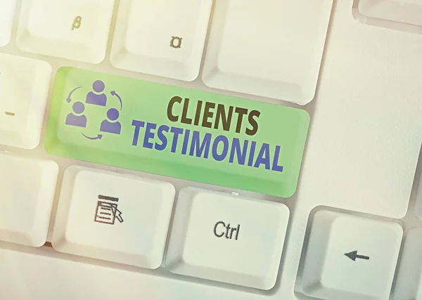 Segno di testo che mostra la testimonianza dei clienti. Foto concettuale Dichiarazione solenne Testimonianza di approvazione candida da parte di altri . — Foto Stock