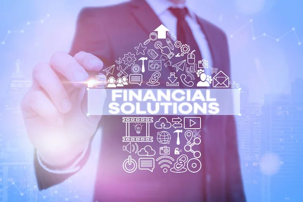 Kézírás szöveg Financial Solutions. Fogalom jelentése, hogy pénzt takarít meg a biztosítási és védelmi igények. — Stock Fotó
