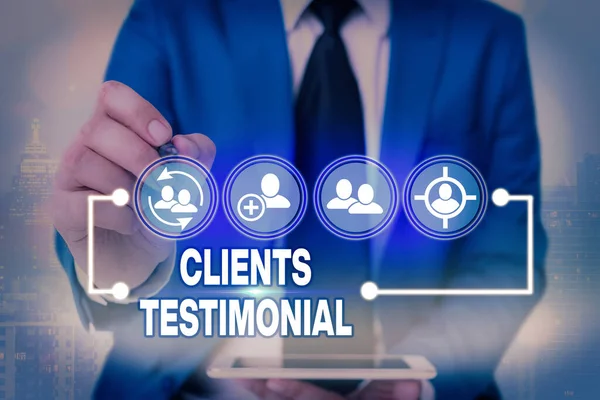 Handwriting text writing Clients Testimonial. Concept meaning Formal Statement Testifying Candid Endorsement by Others. — Stock Photo, Image