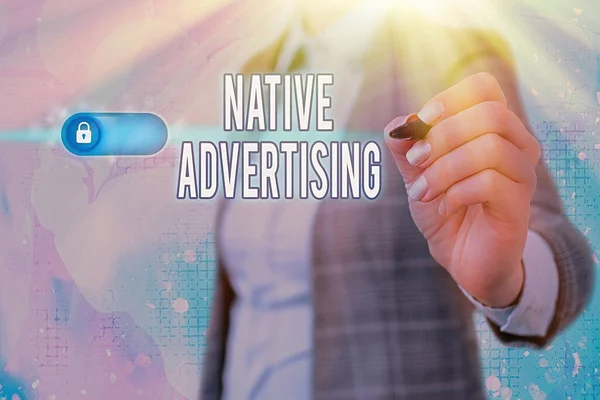 Writing note showing Native Advertising. Business photo showcasing Online Paid Ads Match the Form Function of Webpage.