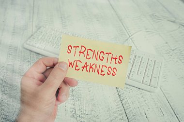 Kavramsal el yazısı güçsüzlüğü gösteriyor. İş fotoğrafı metni Fırsat ve Tehdit Analizi Pozitif ve Negatif Adam renkli hatırlatıcı kare şekilli kağıt ahşap zemin tutuyor.