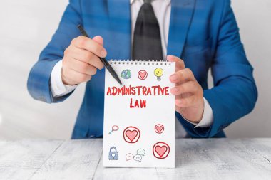 İdari Yasa 'yı gösteren kavramsal el yazısı. Bir hükümet tarafından oluşturulan Kural Yönetmeliği Düzenleme Kurumu iş fotoğrafı gösterimi.