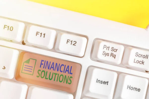 Nota di scrittura che mostra Financial Solutions. Foto aziendale in mostra per risparmiare denaro sulle esigenze di assicurazione e protezione . — Foto Stock