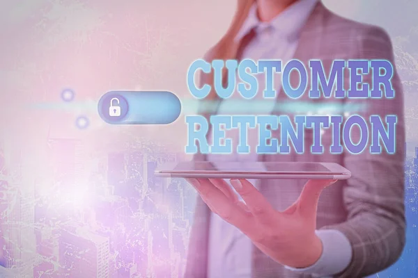 Text sign showing Customer Retention. Conceptual photo Keeping loyal customers Retain many as possible.
