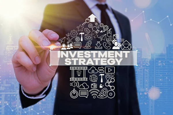 Kézírás szöveg Befektetési stratégia. Koncepció jelentése Szabályok halmaza Eljárások Viselkedés útmutató egy befektetőnek. — Stock Fotó
