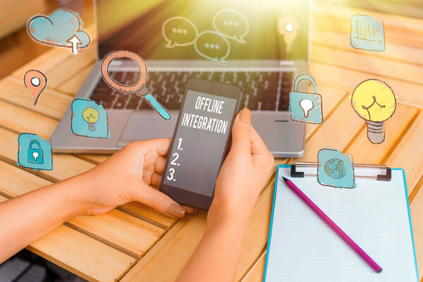 Writing note showing Offline Integration. Business photo showcasing First Triad of Marketing Television Print and Outdoor.