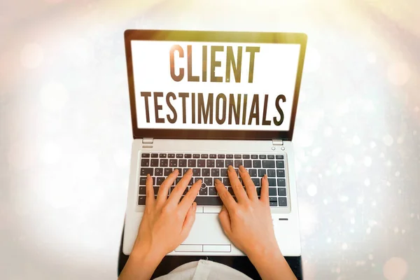 Writing note showing Client Testimonials. Business photo showcasing Written Declaration Certifying an individuals Character Value. — Stock Photo, Image