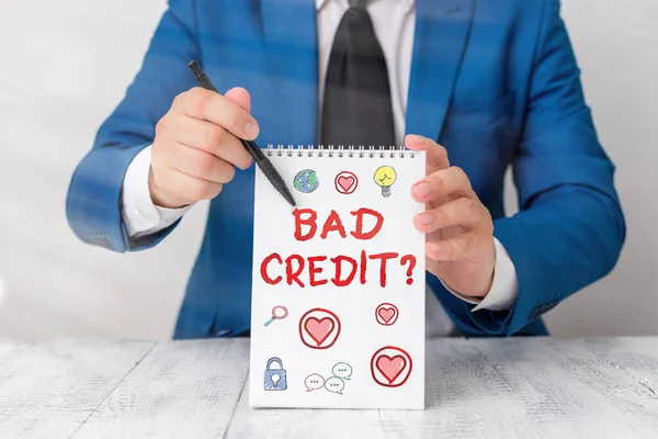 Conceptual hand writing showing Bad Credit Question. Business photo showcasing history when it indicates that borrower has high risk. — Stock Photo, Image