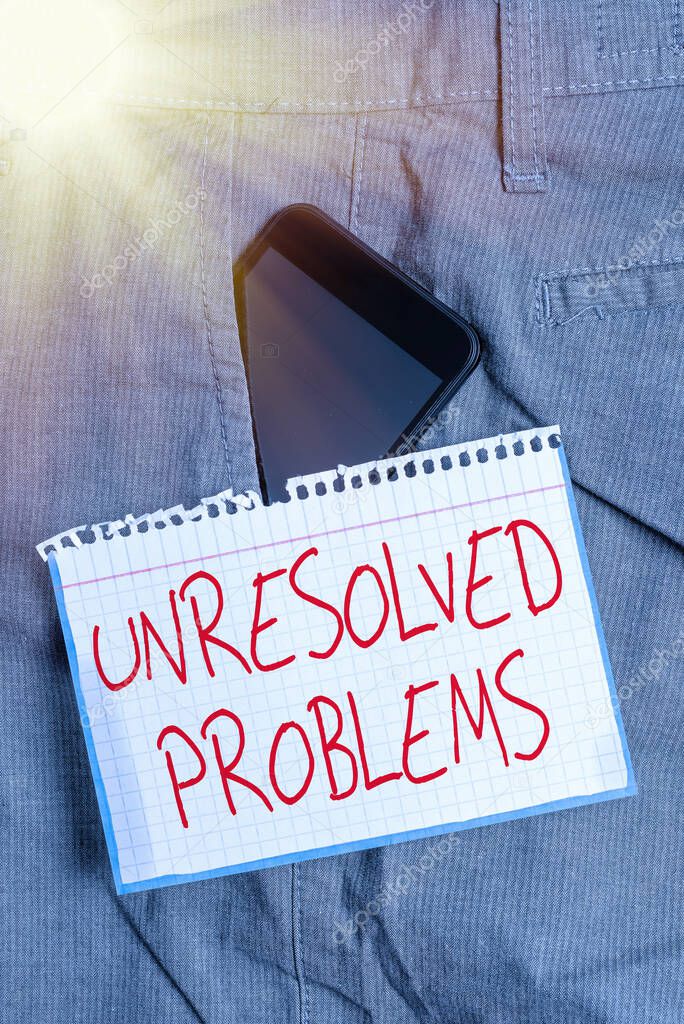 Writing note showing Unresolved Problems. Business photo showcasing those Queries no one can answer Unanswerable Questions Smartphone device inside trousers front pocket note paper.