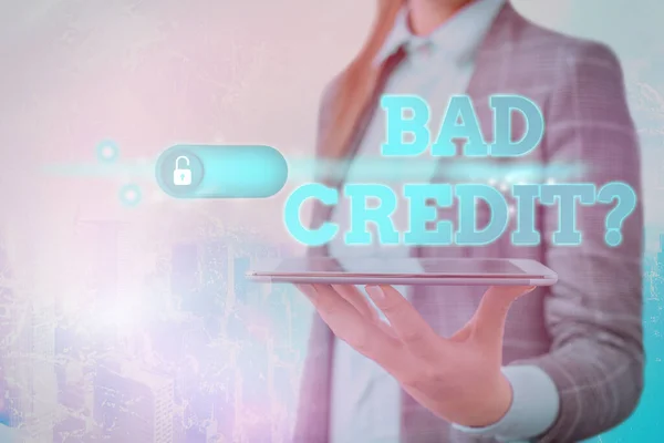 Text sign showing Bad Credit Question. Conceptual photo history when it indicates that borrower has high risk. — Stock Photo, Image