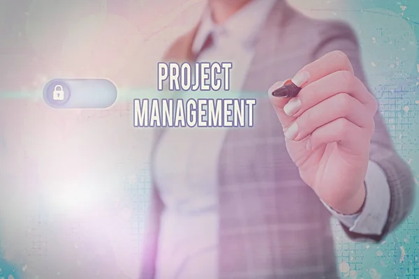 Schrijfbriefje met projectmanagement. Bedrijfsfoto presentatie Application Process Skills to Achieve Objectives and Goal. — Stockfoto