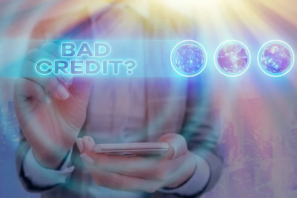Word writing text Bad Credit Question. Business concept for history when it indicates that borrower has high risk Elements of this image furnished by NASA. — Stock Photo, Image