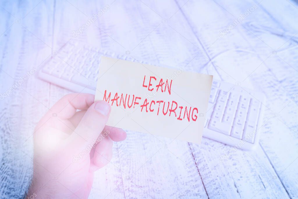 Conceptual hand writing showing Lean Manufacturing. Business photo text Waste Minimization without sacrificing productivity Man holding colorful reminder square shaped paper wood floor.