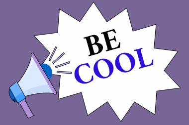 El yazısı. Sakin ol. Kavram demek, rahat ol, olumlu gülümse. Ses efekti ikonu ve Boş Jagged Çığlık Baloncuğu ile megafonu neşelendir..