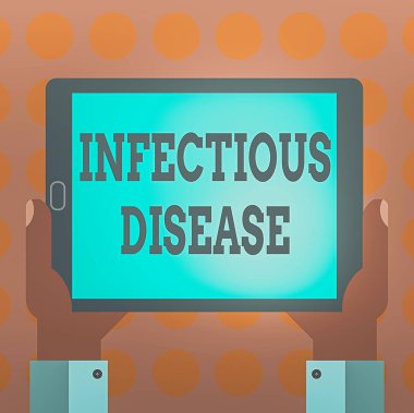 Kelime yazma metni bulaşıcı hastalıklar. Virüsler gibi patojenik mikroorganizmaların neden olduğu iş konsepti, vb. El Tutma Boş Ekran Tableti Görüntüleme Birimi Fotoğrafı.