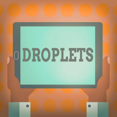 Kelime yazma metni damlacıkları. Sıvının çok küçük bir damlası için iş konsepti belirli ıslak yerlerde bulunabilir Hu analizi El Tutma Boş Ekran Tableti Akıllı Telefon Görünüm Birimi Fotoğrafı.