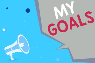 Hedeflerimi gösteren kavramsal el yazısı. Geleceği gösteren ya da istenen bir sonucu gösteren iş fotoğrafı, Megafon Hoparlörü ve Geometrik Şekil Yarım Konuşma Baloncuğu 'nu elde etmek için bir gösteri düzenliyor..