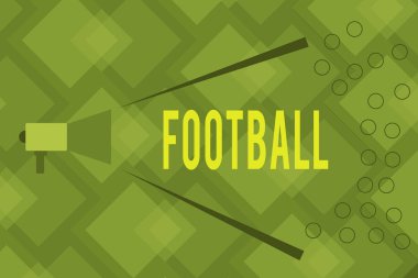 Futbol 'u gösteren bir not yazıyorum. Topun tekmelenmesini içeren çeşitli takım oyunlarını gösteren iş fotoğrafları Yüksek Seslilik ve Kamu Duyurusu için Ses Aralığı.