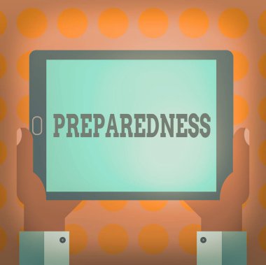 Kelime yazma metni hazırlığı. Beklenmedik olaylar için hazırlanma kalitesi veya durumu için iş konsepti Hu Analizi El Tutma Boş Ekran Tableti Akıllı Telefon Görünüm Birimi Fotoğrafı.