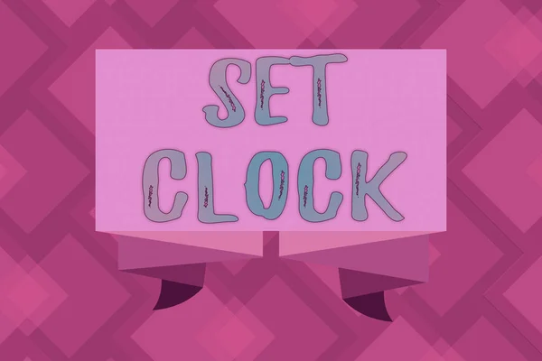 Escritura manual conceptual que muestra Set Clock. Texto de la foto de negocios lo puso en el momento adecuado o cambiar la hora del reloj a una hora posterior Cinta marco plegado y plisado decorativo banner ondulado Riband . — Foto de Stock