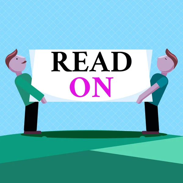 ワードライティングテキスト上を読む。何かについての情報を見つけるために読書時間を過ごすためのビジネスコンセプト両側に長方形のブランクパネルボードを運ぶ立って2人の男性. — ストック写真