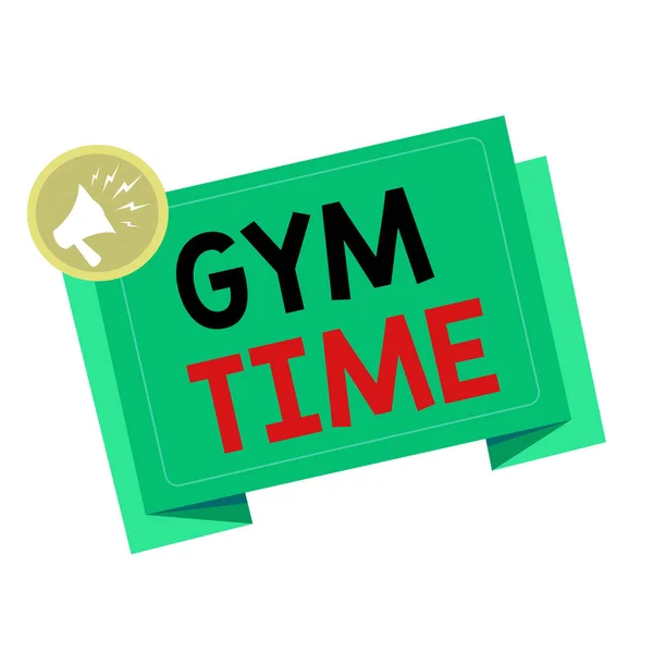 Writing note showing Gym Time. Business photo showcasing a motivation to start working out making exercises fitness Megaphone Shouting in circle and Tilting Blank Folded Strip. — Stock Photo, Image