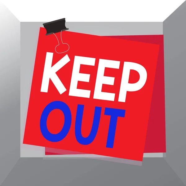 Conceptual hand writing showing Keep Out. Business photo showcasing to stop someone or something from going into a place Danger sign Paper stuck binder clip colorful background reminder memo. — Stock Photo, Image