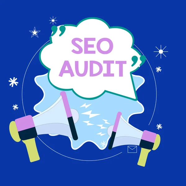 Conceptual hand writing showing Seo Audit. Business photo showcasing Search Engine Optimization validating and verifying process Blank Speech Bubble with Quotation Mark Megaphones shouting. — Stock Photo, Image