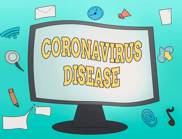 Texto manuscrito Enfermedad por Coronavirus. Concepto significado definido como enfermedad causada por un nuevo virus SARSCoV2 Web Application Software iconos que rodean el monitor de ordenador montado en blanco . —  Fotos de Stock