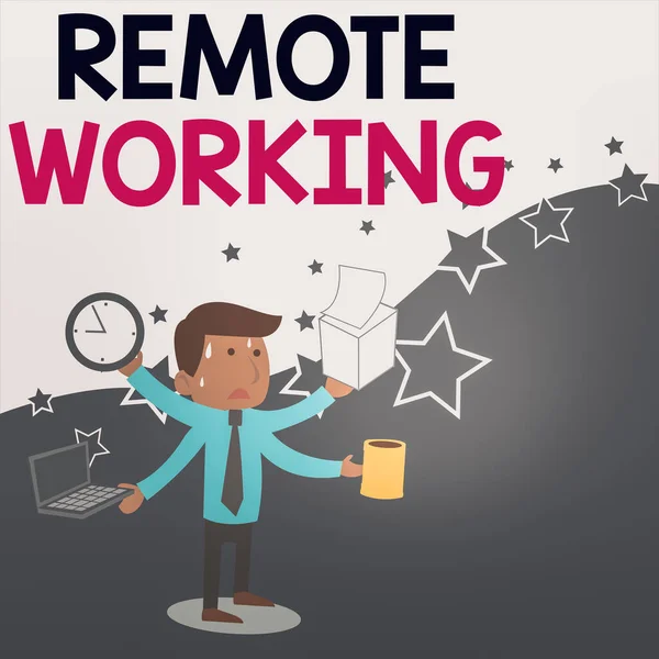 Scrittura di testi Word Remote Working. Business concept per lo stile che consente ai professionisti di lavorare al di fuori di un ufficio Stressed Out Maschio Dipendente Manager Many Armed Multitasking Meet Deadline . — Foto Stock