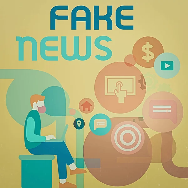 Word writing text Fake News. Business concept for false information publish under the guise of being authentic news Man Sitting Down with Laptop on his Lap and SEO Driver Icons on Blank Space. — Stock Photo, Image