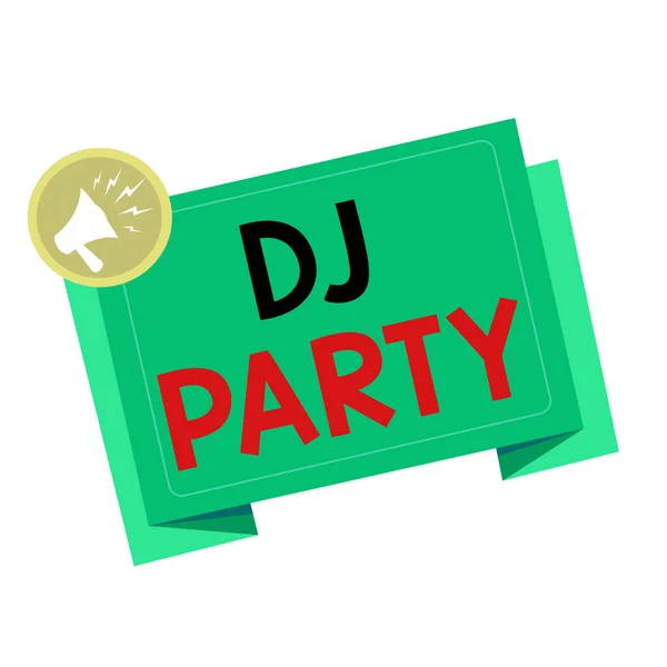 Writing note showing Dj Party. Business photo showcasing demonstrating who introduces and plays recorded popular music on radio Megaphone Shouting in circle and Tilting Blank Folded Strip. — Stock Photo, Image