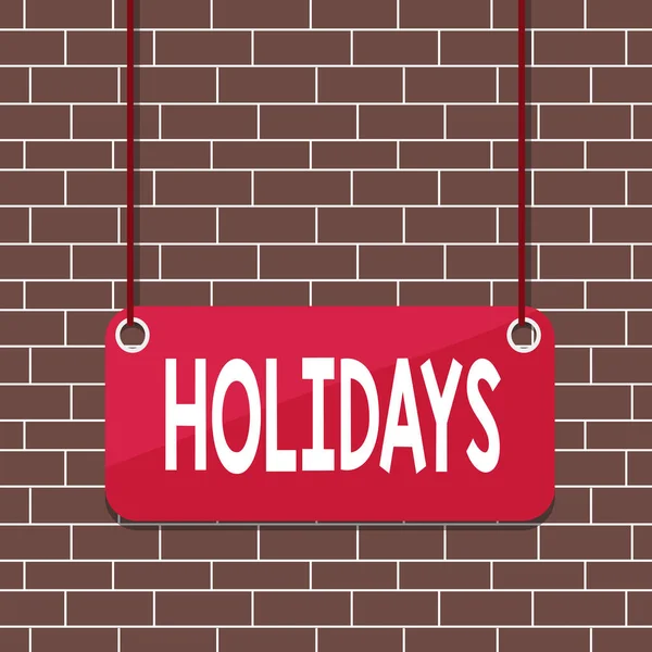 Text sign showing Holidays. Conceptual photo an extended period of leisure and recreation spent away from home Board color background plank attached string panel rectangle empty surface. — Stock Photo, Image