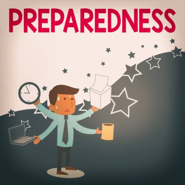 Kelime yazma metni hazırlığı. Beklenmedik olaylar için hazırlanma kalitesi veya durumu konsepti Erkek İşçi Yöneticisi Çok sayıda Silahlı Çok Görevli Karşılaşma Teslim Tarihi.