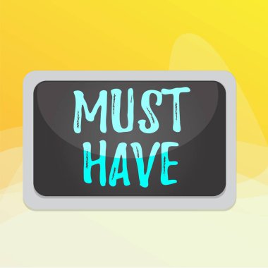 Must Have Have 'ı gösteren bir not yazıyorum. İş fotoğrafında modern bir şey gösteriliyor. Pek çok kişi temel öğe tahtası beyaz kare boş boş alan sabitlenmiş renk yüzey tahtası istiyor..