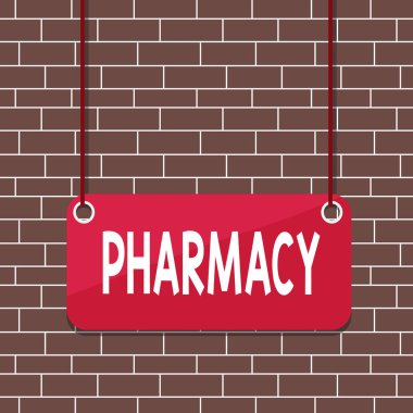Eczaneyi gösteren bir mesaj. Tıbbi uyuşturucuların satıldığı kavramsal fotoğraf dükkânı veya hastane dispanseri boş yüzey paneli dikdörtgenine eklenmiş tahta parçası.