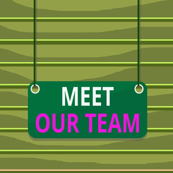 Conceptual hand writing showing Meet Our Team. Business photo text introducing another demonstrating to your team mates in the company Board color background plank attached string panel rectangle.